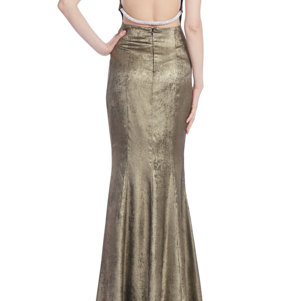 Jewel Badgley Mischka Crystal Halter Gown - Gold & Dark Grey Metalic Velvet